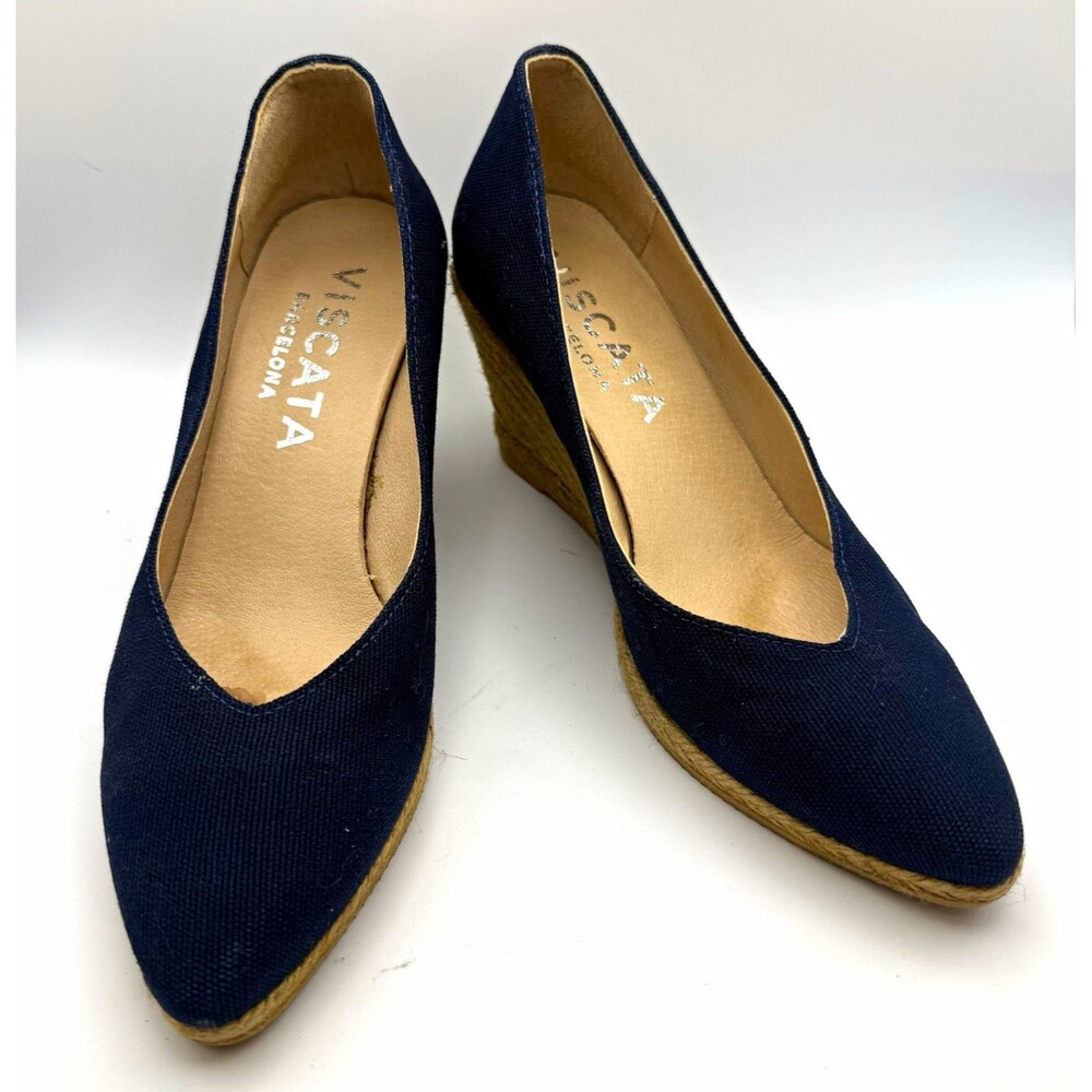 Viscata Barcelona Roses Navy Blue Canvas Espadrille Wedge Pumps Women's Sz EU 36